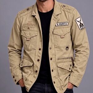 A. Kurtz Men Military Safari Field Jacket Large Tan Cotton Utility Cargo Patch